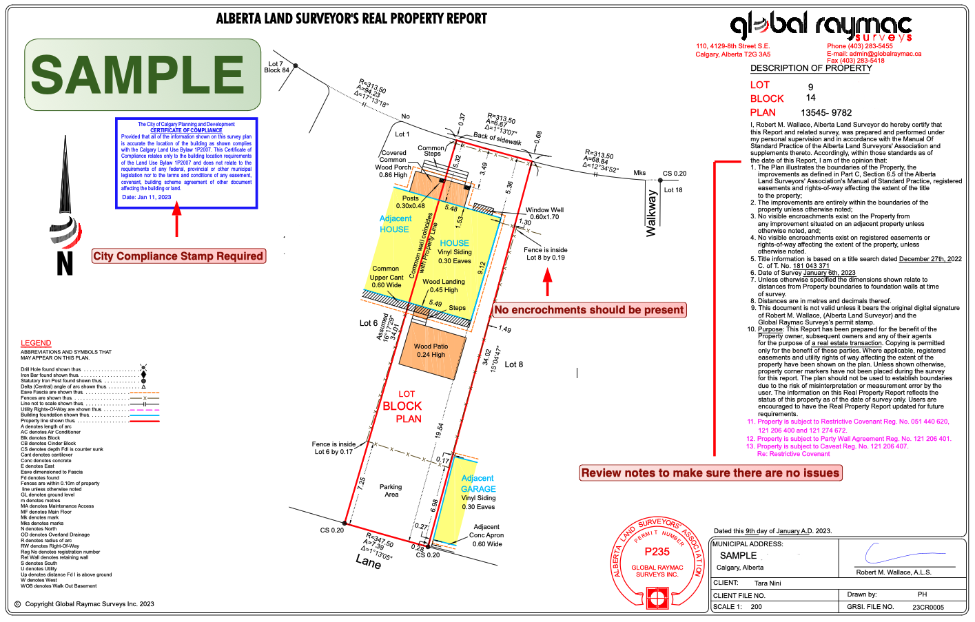 Sample Real Property Report in Calgary showing property lines, structures, measurements, survey notes, and City compliance stamp area