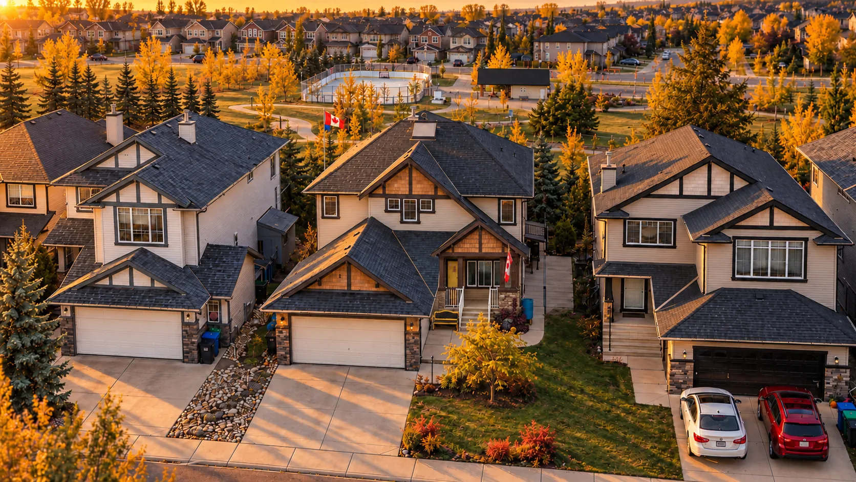 Golden hour aerial view of a home on a quiet Royal Oak street