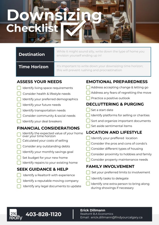 Downsizing your home checklist that covers 33 tasks to help you along the journey. From Calgary specific real estate tasks to decluttering to mental preparedness.
